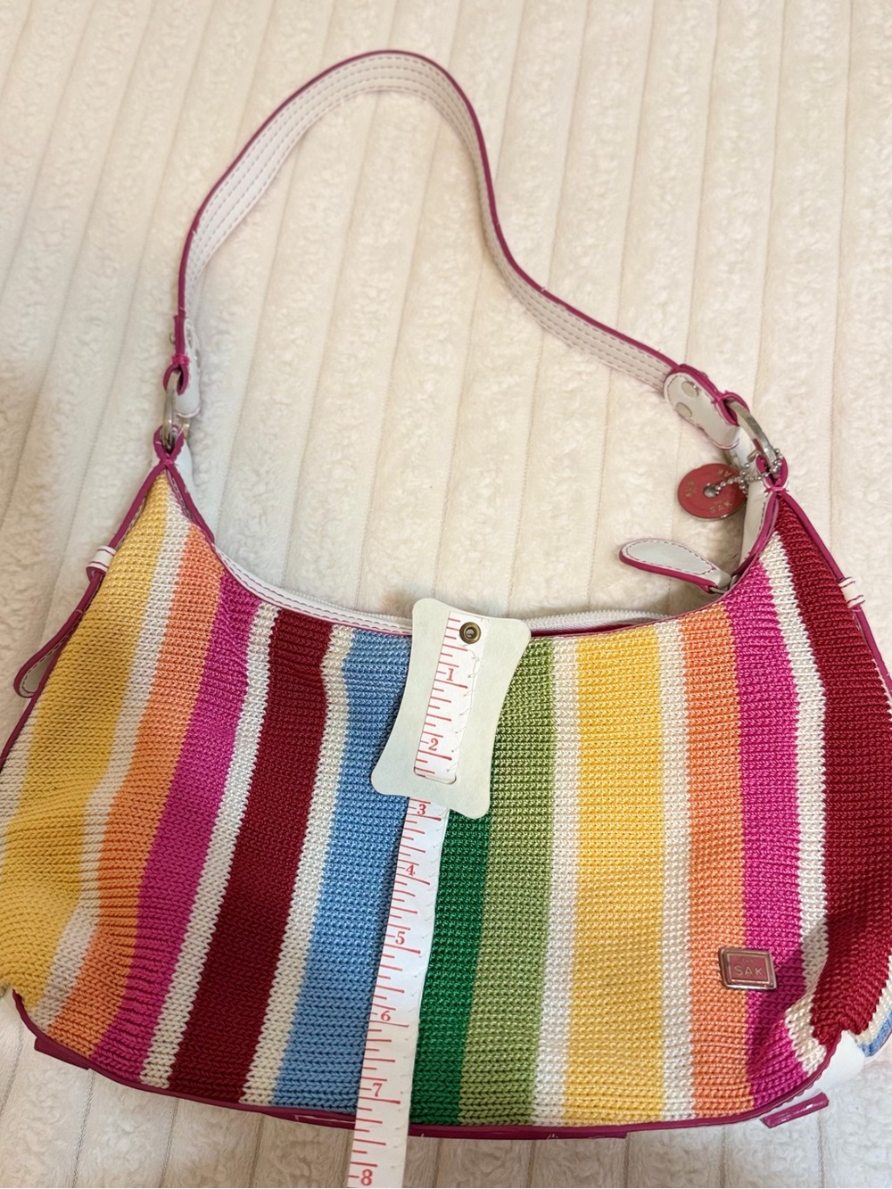 The Sak Rainbow Stripe Kids Shoulder Bag with Pink Plush Charm - Picture 12 of 13